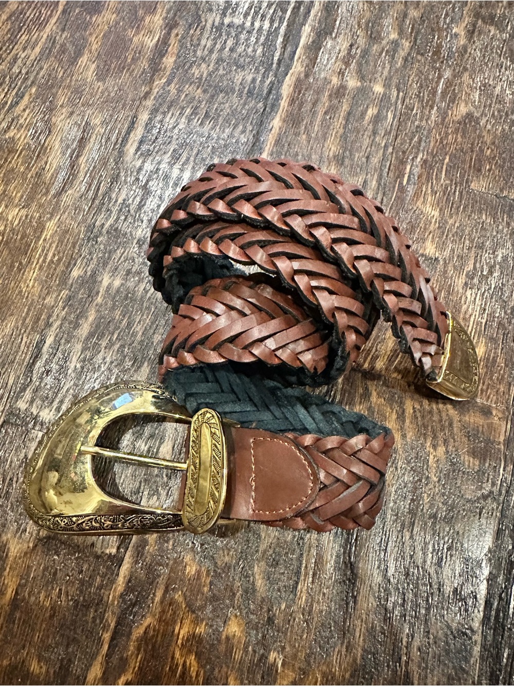 Captiva women’s Braided Brown Leather Belt with Decorative Brass Buckle